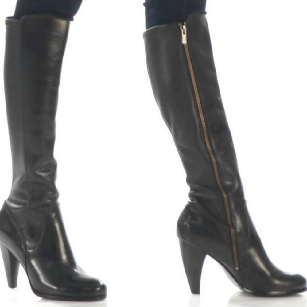 $415 Frye Mikaela Mock Lace Up Stretch Black Real Leather Tall Heeled High Boot